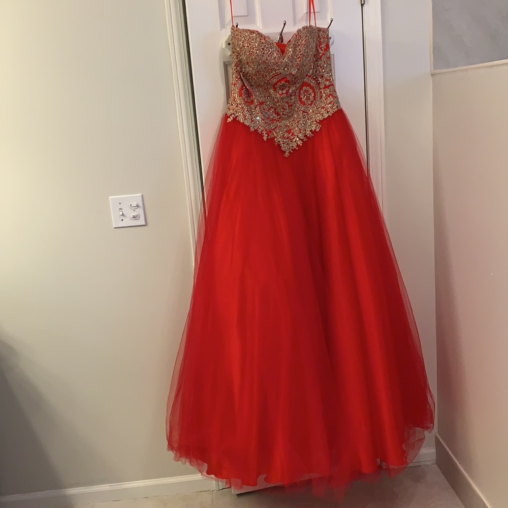 Red with gold appliqué ball gown, quinceanera  dress, corset back, prom
